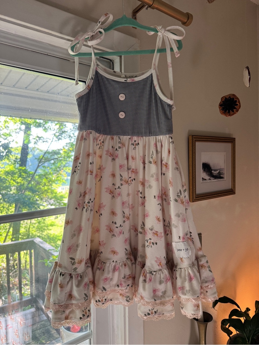 Cream Floral Tie-Shoulder Sundress with Navy Gingham Bodice